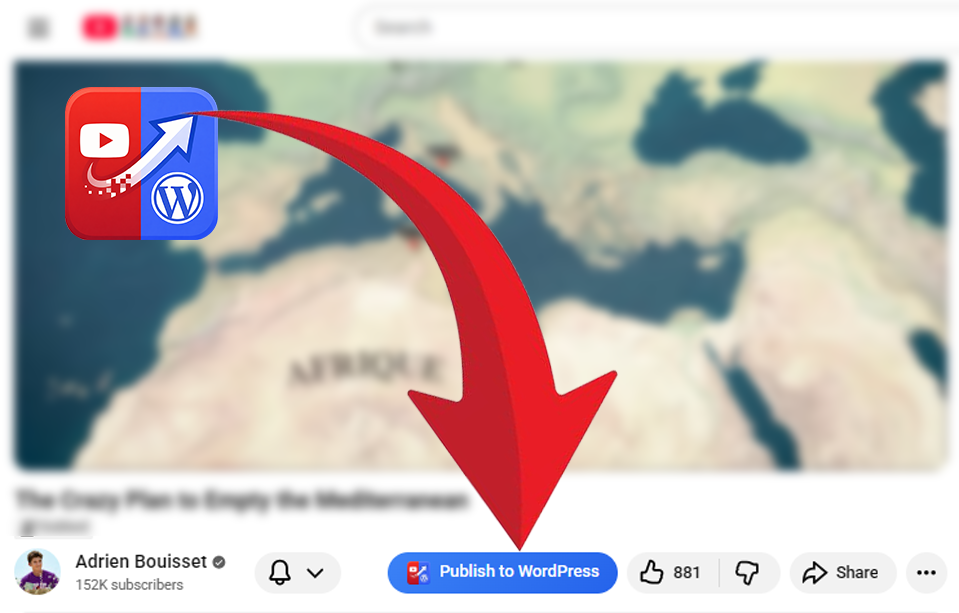 A YouTube watch page with a blue 'Publish to WordPress' button injected right next to the Like and Share buttons by the extension.
